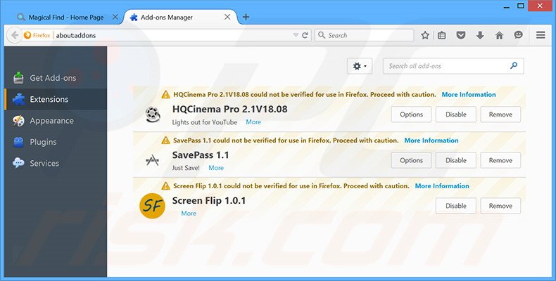 Removing Magical Find ads from Mozilla Firefox step 2