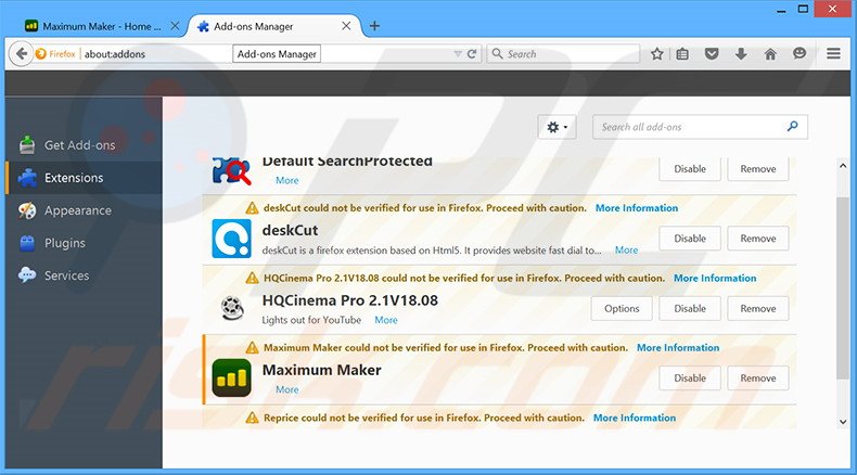 Removing Maximum Maker ads from Mozilla Firefox step 2