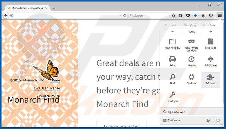 Removing Monarch Find ads from Mozilla Firefox step 1