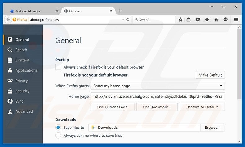 Removing movixmuze.searchalgo.com from Mozilla Firefox homepage