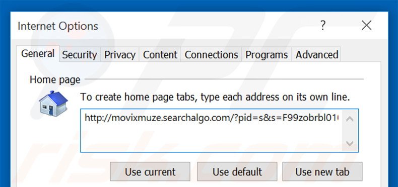 Removing movixmuze.searchalgo.com from Internet Explorer homepage