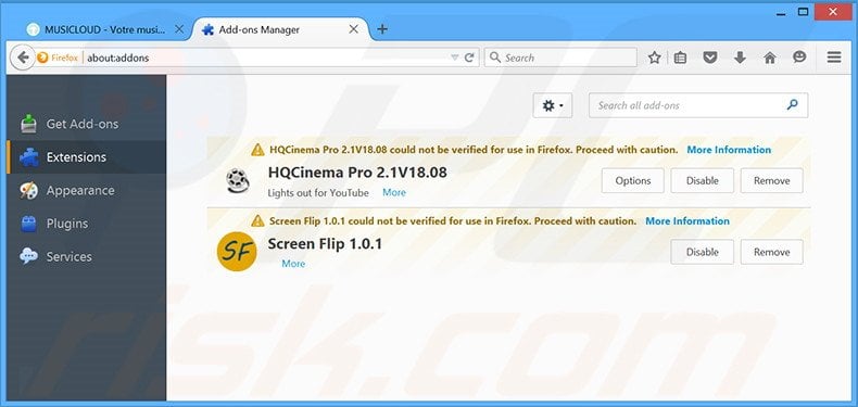 Removing Musicloud ads from Mozilla Firefox step 2