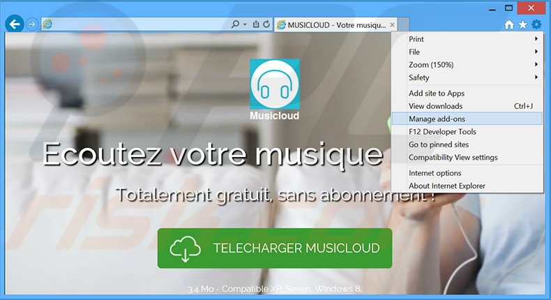 Removing Musicloud ads from Internet Explorer step 1