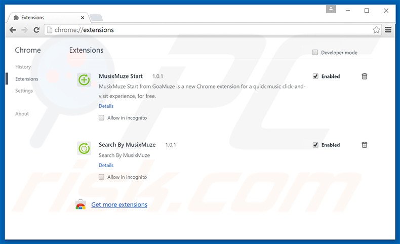 Removing musixmuze.searchalgo.com related Google Chrome extensions