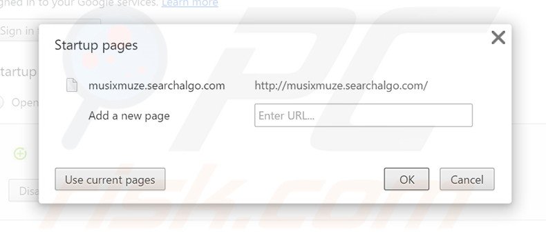 Removing musixmuze.searchalgo.com from Google Chrome homepage