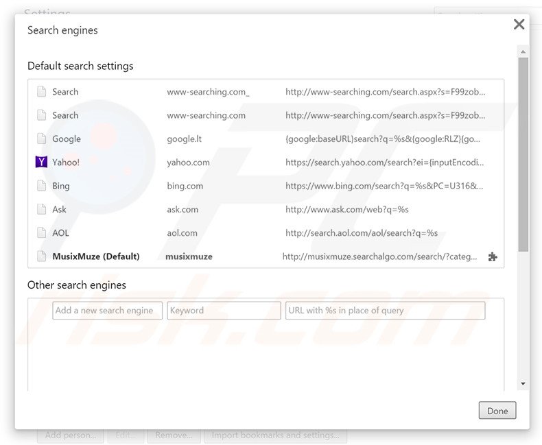 Removing musixmuze.searchalgo.com from Google Chrome default search engine
