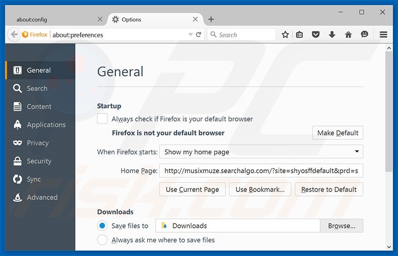 Removing musixmuze.searchalgo.com from Mozilla Firefox homepage