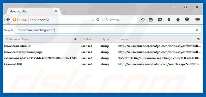 Removing musixmuze.searchalgo.com from Mozilla Firefox default search engine