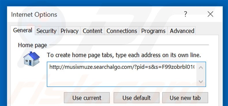 Removing musixmuze.searchalgo.com from Internet Explorer homepage