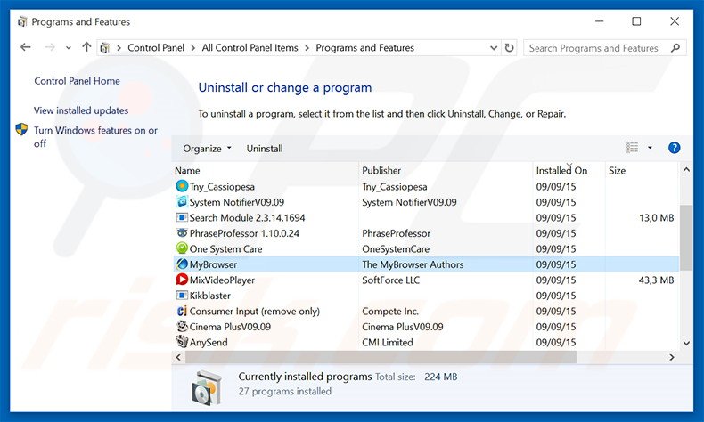 MyBrowser adware uninstall via Control Panel