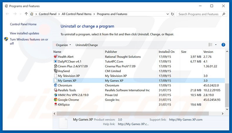 search.mygamesxp.com browser hijacker uninstall via Control Panel