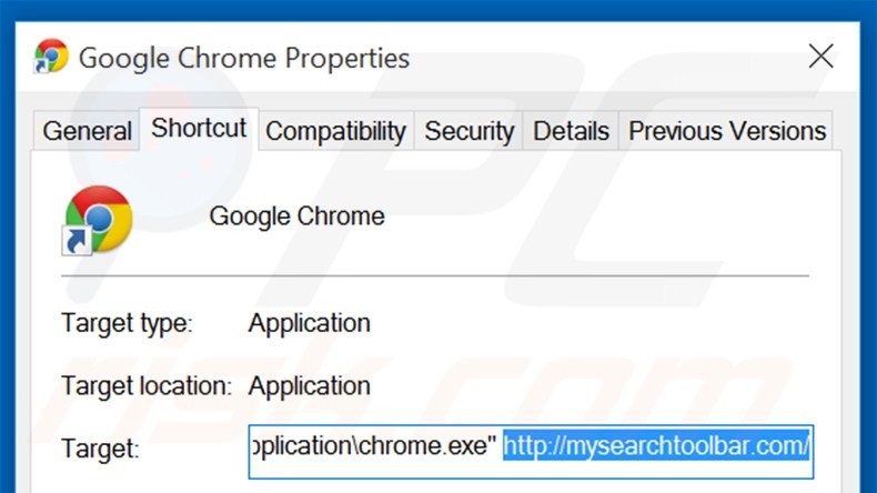 Removing mysearchtoolbar.com from Google Chrome shortcut target step 2