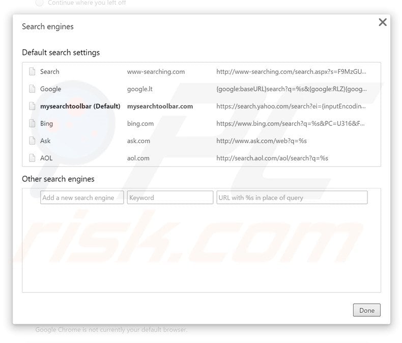 Removing mysearchtoolbar.com from Google Chrome default search engine