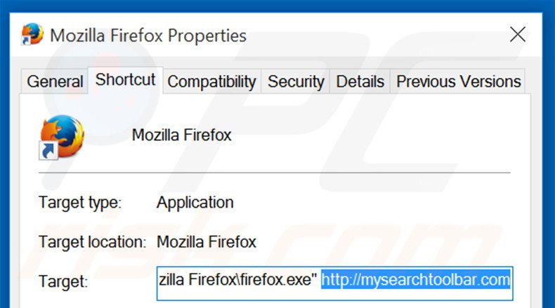 Removing mysearchtoolbar.com from Mozilla Firefox shortcut target step 2