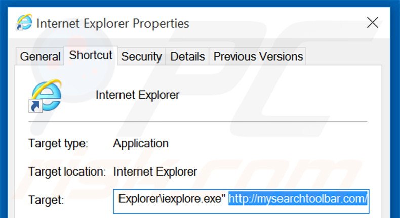 Removing mysearchtoolbar.com from Internet Explorer shortcut target step 2