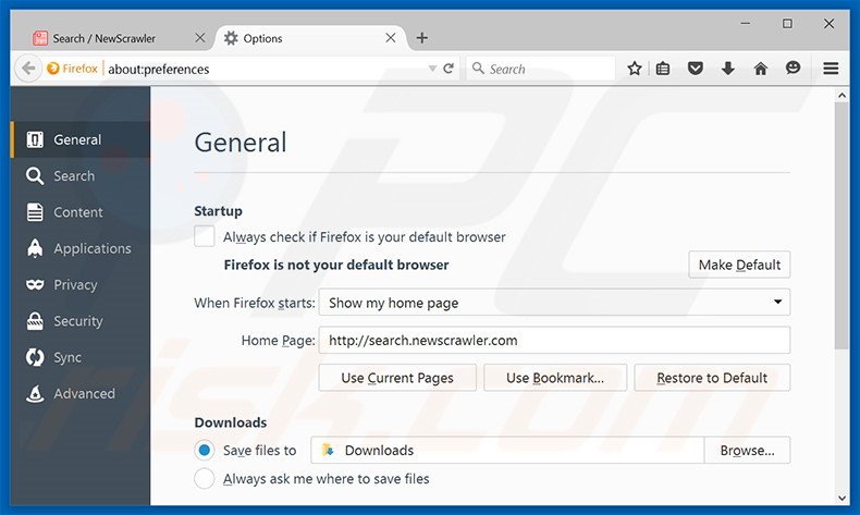 Removing search.newscrawler.com from Mozilla Firefox homepage