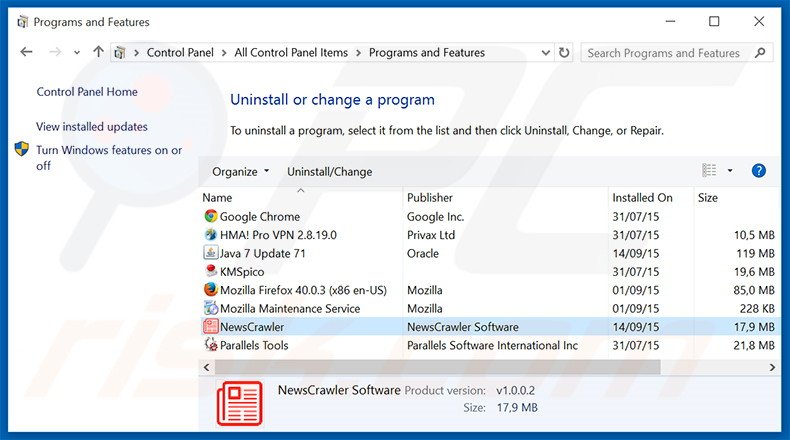 search.newscrawler.com browser hijacker uninstall via Control Panel