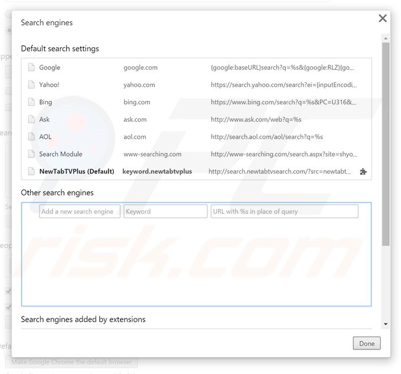 Removing search.newtabtvsearch.com from Google Chrome default search engine