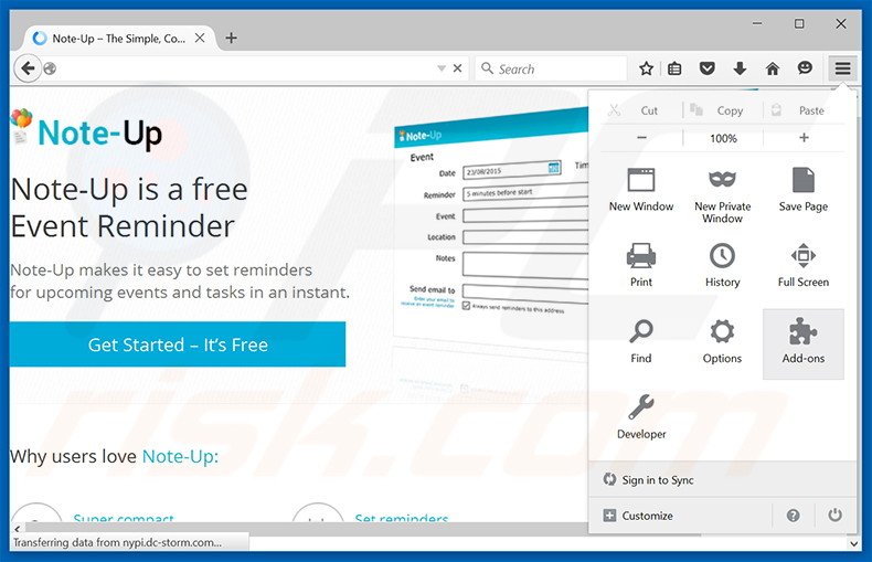 Removing Note-up ads from Mozilla Firefox step 1