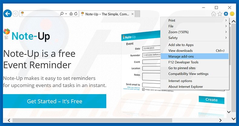Removing Note-up ads from Internet Explorer step 1