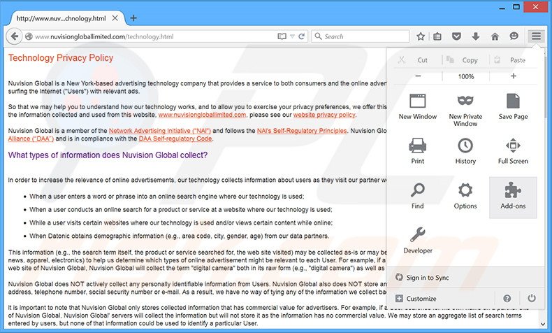 Removing Nuvision Global Data Remarketer ads from Mozilla Firefox step 1
