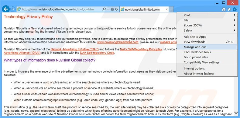 Removing Nuvision Global Data Remarketer ads from Internet Explorer step 1
