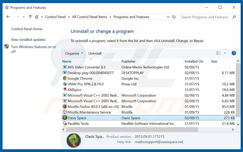 oasis space adware uninstall via Control Panel