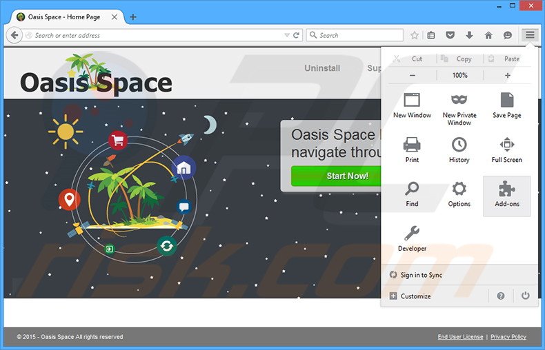 Removing Oasis Space ads from Mozilla Firefox step 1