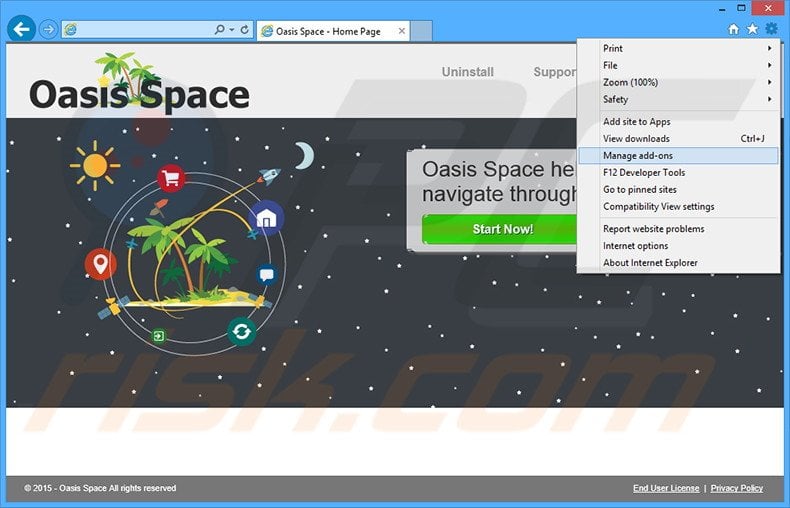 Removing Oasis Space ads from Internet Explorer step 1