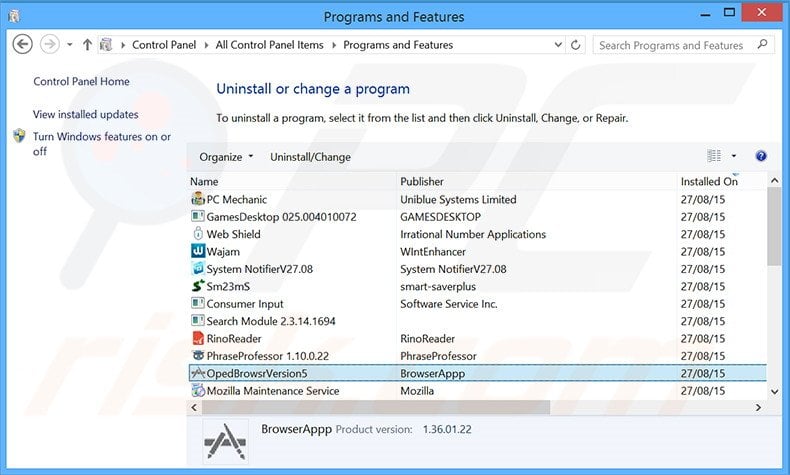 OpedBrowsrVersion adware uninstall via Control Panel