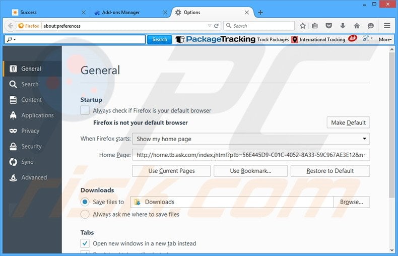 Removing PackageTracking from Mozilla Firefox homepage
