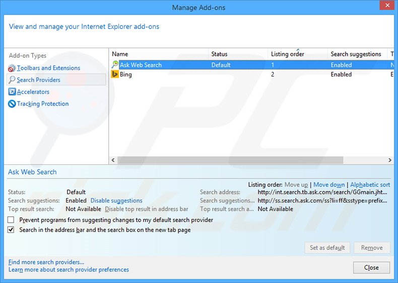 Removing PackageTracking from Internet Explorer default search engine