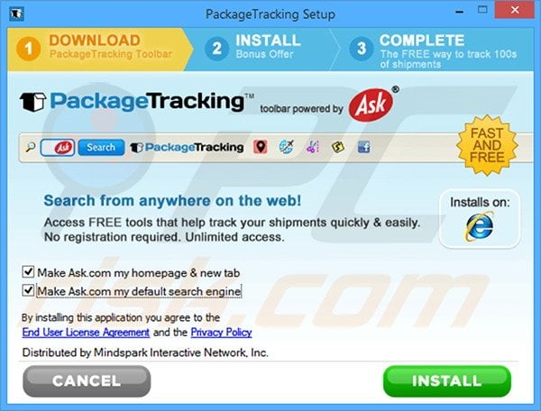 Official PackageTracking browser hijacker installation setup