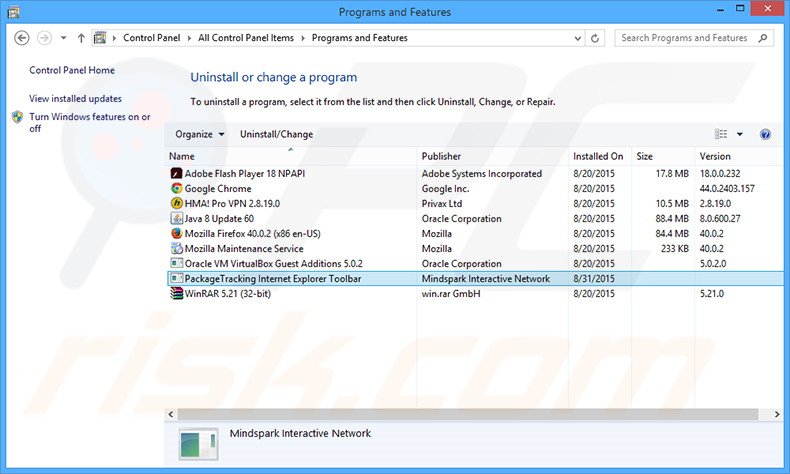 PackageTracking browser hijacker uninstall via Control Panel