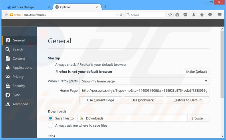Removing pesquisa.ninja from Mozilla Firefox homepage