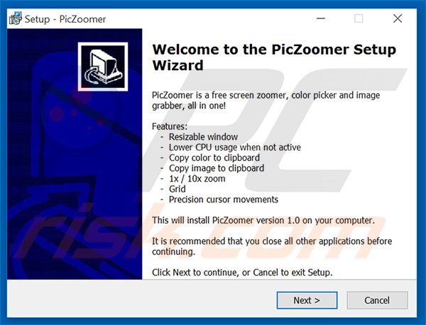 Official PicZoomer adware installation setup