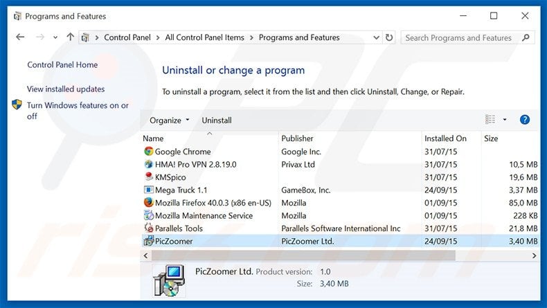 PicZoomer adware uninstall via Control Panel