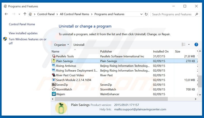 plain savings adware uninstall via Control Panel