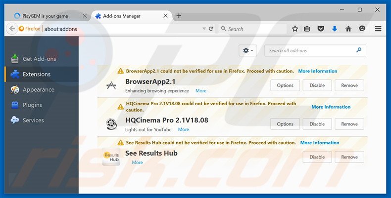Removing PlayGEM ads from Mozilla Firefox step 2