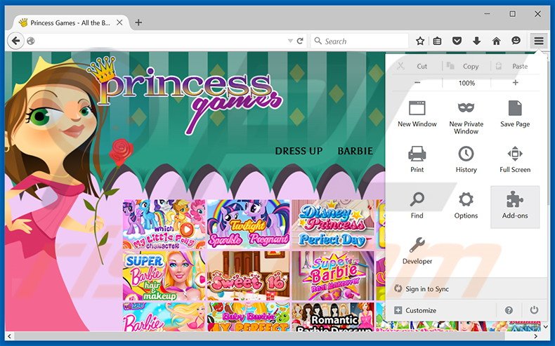 Removing Princess Games ads from Mozilla Firefox step 1
