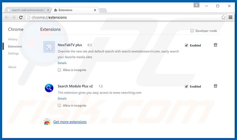 Removing search.realcoolmoviessearch.com related Google Chrome extensions