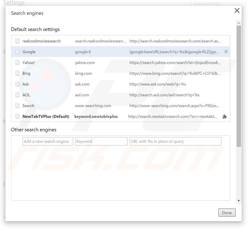 Removing search.realcoolmoviessearch.com from Google Chrome default search engine