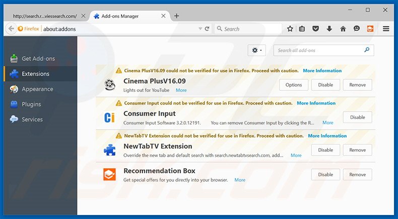 Removing search.realcoolmoviessearch.com related Mozilla Firefox extensions
