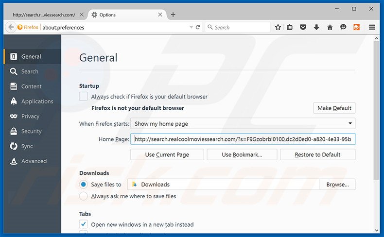 Removing search.realcoolmoviessearch.com from Mozilla Firefox homepage