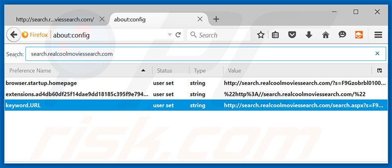 Removing search.realcoolmoviessearch.com from Mozilla Firefox default search engine