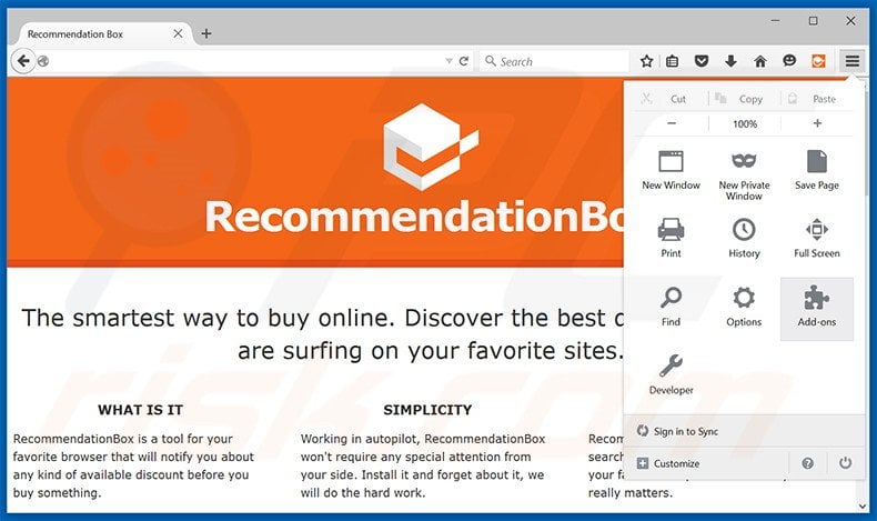 Removing RecommendationBox ads from Mozilla Firefox step 1