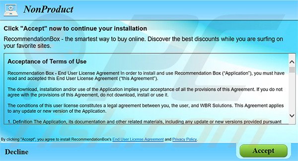 Delusive software installer distributing RecommendationBox