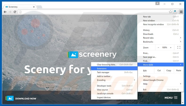 Removing Screenery  ads from Google Chrome step 1