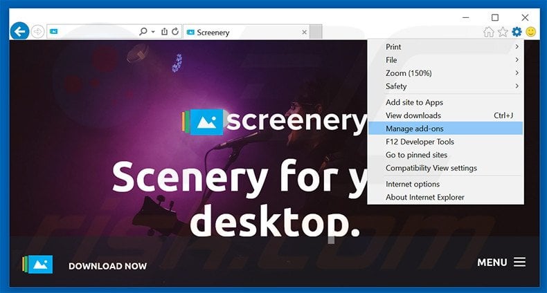 Removing Screenery ads from Internet Explorer step 1