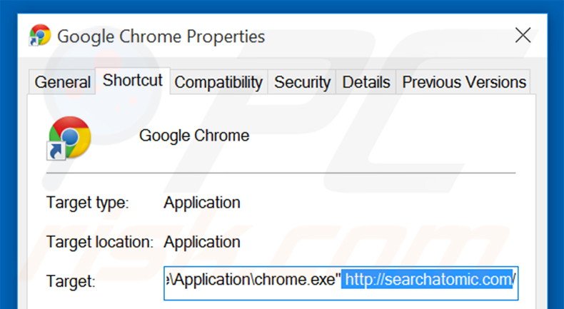 Removing searchatomic.com from Google Chrome shortcut target step 2